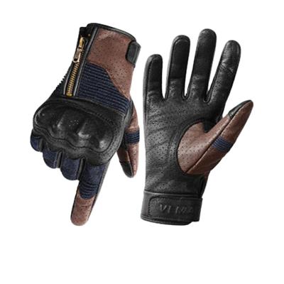 China Retro Motorcycle Cowboy Summer Full Finger Leather Gloves For Men And Women Touch Screen Zipper Offroad Riding Brown Gloves for sale