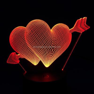 China 3D Illusion Vision Valentines Events Christmas Holiday Hotel Bedroom Room Love Hearts 3D Led Night Light With USB Cable for sale