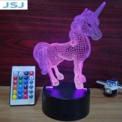 China Creative 3D Optical Illusion Vision 7 Colors Changing 3D Creative LED Unicorn Night Light Remote Control for Kids for sale