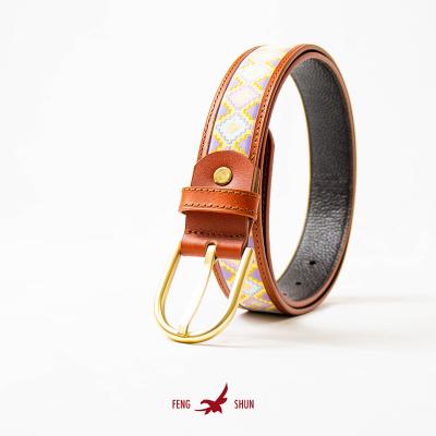 China Character Pattern Luxury Polyester Woven Belt Unisex Fashion Decoration Genuine Leather Belt Embossed Metal Pin Buckle Belt Men Women for sale