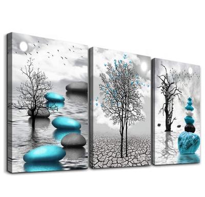 China Modern 3 Piece Landscape Pictures Blue And Gold Abstract Canvas Wall Art For Wall Decor for sale