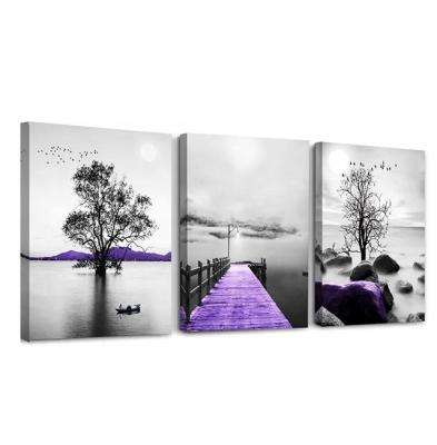 China 3 Piece Landscape Pictures Modern Black And Purple Abstract Canvas Wall Arts For Wall Decor for sale