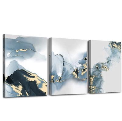 China Modern Wall Art 3 Piece Landscape Pictures Blue And Gold Abstract Canvas For Wall Decor for sale