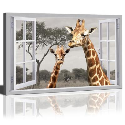 China Modern Illusion of 3D Window View in Forest Canvas Rustic Scenic Colorful Art Giraffe Print Picture Painting for sale