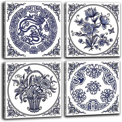 China Custom Classic Blue And White Color Porcelain Paintings On Canvas Wall Art With Frame For Home for sale