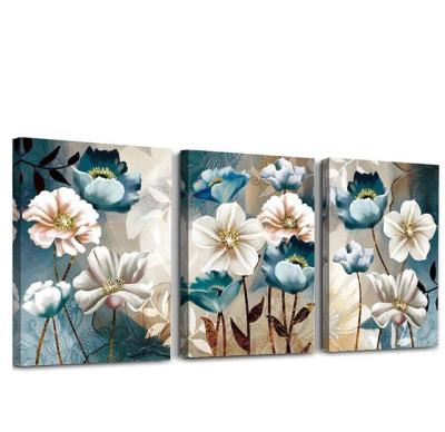 China Modern 3 Pcs Blue And White Color Floral Picture Canvas Painting Flower Wall Art For Wall Decoration for sale