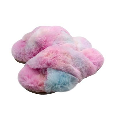 China CUSHIONING Fuzzy Indoor Plush Faux Fur Cross Strap Winter Tpr Single Slippers For Women Lady for sale