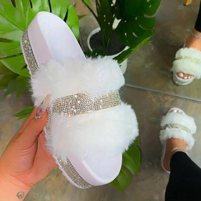 China Comfortable Anti-odor Bling Bling Diamond High Flat Fur Slipper Sandals For Ladies for sale