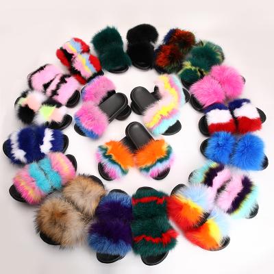 China Fashion Trend Fur Slides For Women Real Big Hairy Slippers Flush Outdoor Soft Raccoon Slider Sandals Fox Fur Slipper for sale