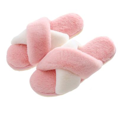 China Autumn Winter House Shoes Women Fur Slippers Faux Fur Ladies Warm Soft Plush Female Cross Toe Shoes Open Slippers for sale