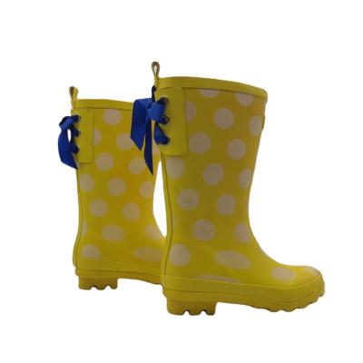 China Fashion trend neon yellow smart bow cowhide leather women's rain boots non-slip, comfortable and beautiful for sale