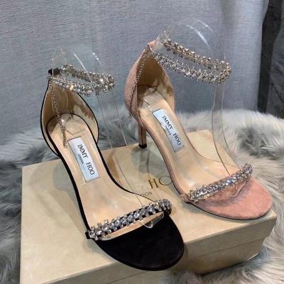 China SHOCK ABSORBING Designer Branded Women Sandals Summer Heeled Genuine Leather Open Toe Sandals Female Shoes Shining Diamond Strappy Luxury for sale