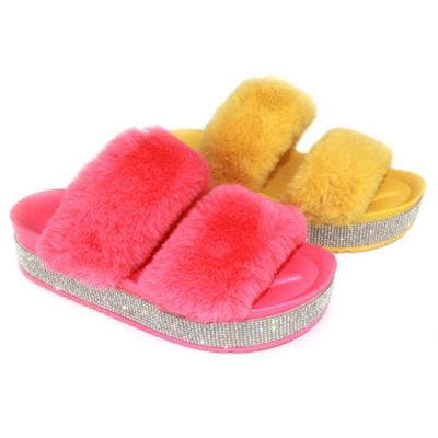 China Wholesale Cheap Fashion Trend Fashion Slipper For Outdoor Fluffy Faux Fur Slipper Women Faux Stone Fur Indoor Flat Slippers Heel for sale