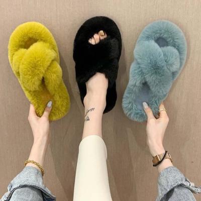 China CUSHIONING Indoor Slipper Flip Flops Artificial Wool Slippers Plush Slippers Factory Direct Wholesale Cross Hair for sale