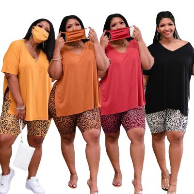 China Breathable Cowinner Plus Size 2 Piece Set Teams Solid Cropped Sleeve Tops And Loose Leopard Bodycon Short Pants Tracksuit Jogger Set for sale