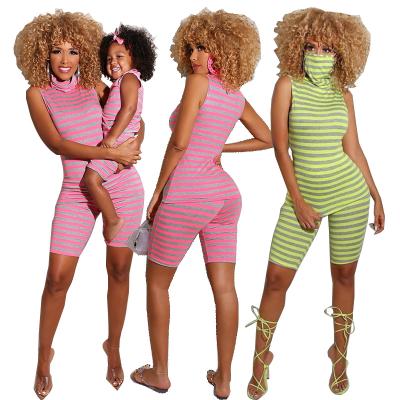 China Breathable Cowinner Mommy and Me Family Matching Set Striped Outfit Bodycon Sleeveless Two Piece Tracksuit for sale