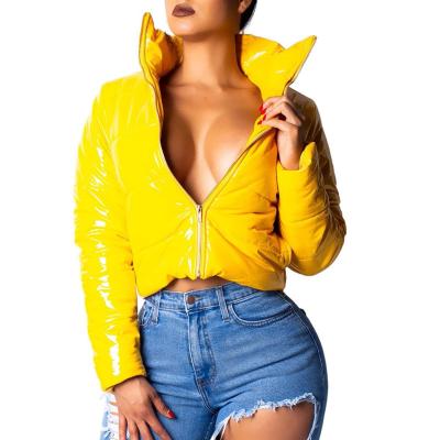 China Anti-wrinkle Cowinner 2020 Winter Jackets For Women Front Stripper Coat Shiny Leather Outerwear Quilted Down Jacket Women PU Zipper Shorts for sale