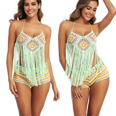 China Breathable Cowinner Crochet Mixed Colored Stripe Long Tassel Top&Base Bikini Swimwear Cover Up for sale