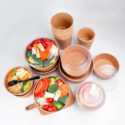 China Disposable Designed Pe Coated Take Out Custom Printed Kraft Paper Disposable Paper Salad Bowl With Clear Lid for sale