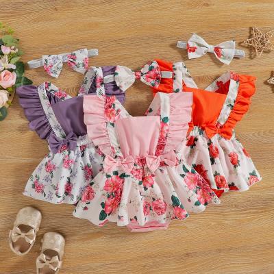 China Mosengkw 2022 New Fashion Lotus Leaf Flying Sleeves Baby Romper Casual With Headband Summer Newborn Infant Short Clothes for sale