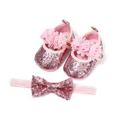 China Mosengkw Lightweight Newborn Designer Sequins Designer Shoes Toddler Girl Infant Baby Shoes With Headband for sale