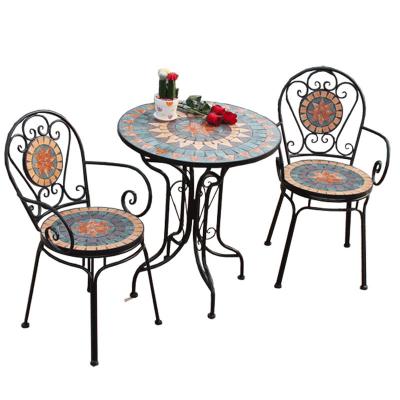 China Three Piece Set Metal Balcony Mosaic Table Farmhouse And Courtyard Outdoor Chair Set Outside Cafe Garden Leisure For Dining Furniture for sale