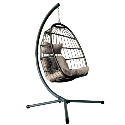 China Contemporary Folding Swing Egg Swing Single Chair Patio Hanging Chair with Stand Outdoor Garden Furniture Rattan Wicker Hammock Chair for sale