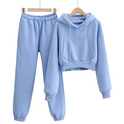 China Women Breathable Logo French Terry Custom Made Crop Top With Jogger Pants 2 Piece Tracksuit Sets for sale