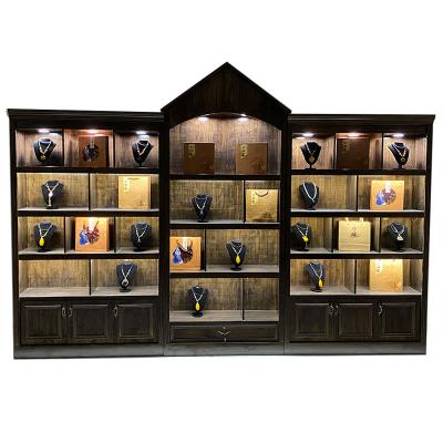 China Retail Stores Jewelry High Quality Wooden Case Display Black Luxury Led Lightweight Display Case for sale