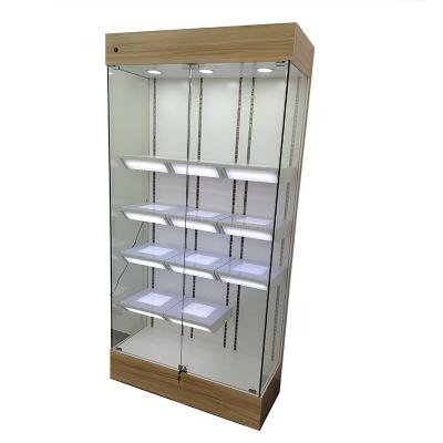 China Classic Wooden Glass Commercial Tempered Glasses Toy Display Rack Figure Showcase Retail Store Storage Rack Display Cabinet for sale