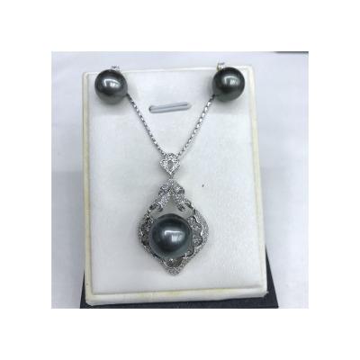 China Other GenuinePerfect S925 Diamond Accessories 9mm Natural Black Pearl South China Sea Tahitian Pearl Earrings 12mm Pendant Pearl Set for sale