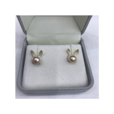 China Vintage silver pearl earring 7mm button 3A fancy rabbit design s925 freshwater pearl earrings for sale