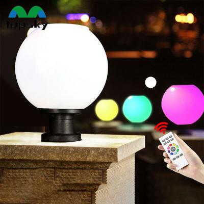 China Solar pillar light remote control waterproof rgb ball globe led lawn main gate outdoor garden fence post round solar pillar light for sale