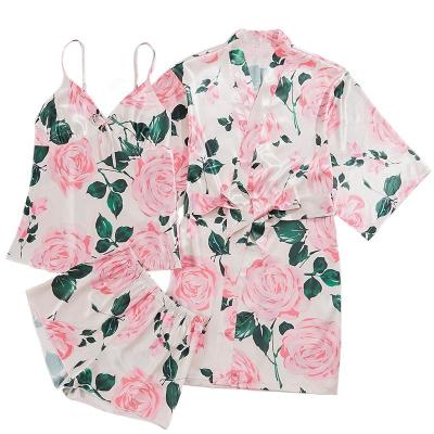 China QUICK DRY fashion rose printing pajamas sling satin long robes women short sleeve for sale