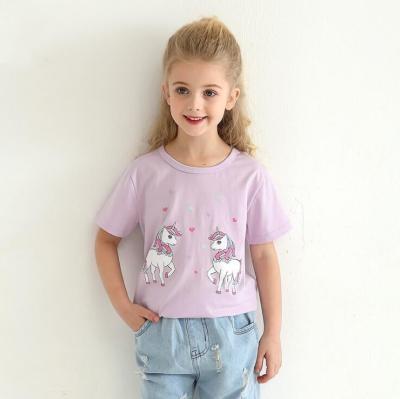 China Anti-pilling 2021 Cute 100% Cotton Round Neck Short Sleeve Cartoon Unicorn Little Girls Summer Tops Kids T-shirts for sale