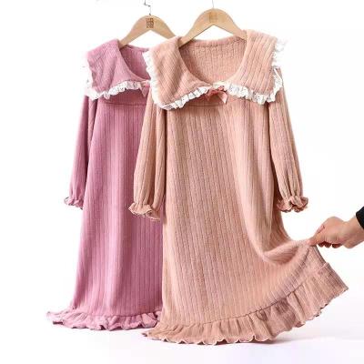 China Thermal Children Lace Up Bow Sleepwear Autumn And Winter Girls Long Sleeve Flannel Nightgown for sale