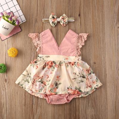 China Anti-wrinkle newborn baby clothes ruffle sunflower print romper headband 2Pcs summer lace flower baby sleeveless dress for sale