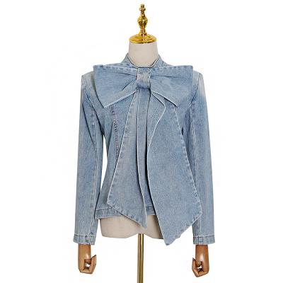 China Fashion Women Patchwork Bow Denim Jacket Lady Stand Collar Long Sleeve Coat Breathable 2020 Autumn Ruched Jackets for sale