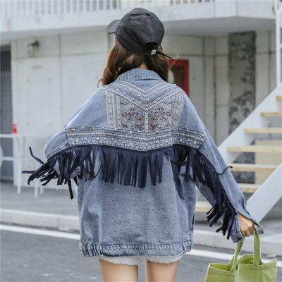 China Breathable Embroidery Korean Floral Fringe Women Denim Jacket Lady Coat Long Sleeve Loose Tracksuit Jacket for sale