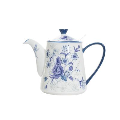 China Viable Unique Design Hot Sale 900ml Blue Rose Ethiopian Nordic English Home Porcelain Teapot Set for sale