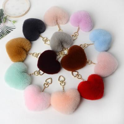 China Lovely Girl Heart Shape Pom Poms Key Chain Handmade Wholesale Rabbit Fur Chain Pendant for sale