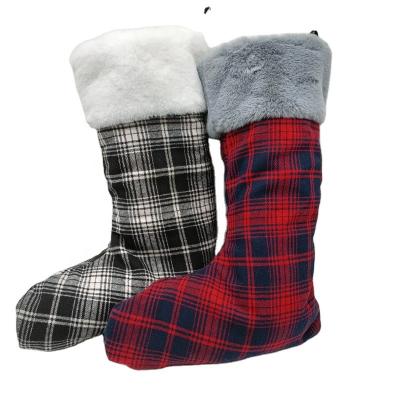 China Wholesale Eco-Friendly Sublimation Christmas Decoration Eve Gift Bag Flannel Plaid Lined Cotton Socks Children's Gift Bag for sale