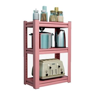 China Wholesale Furniture Multifunctional Space Saving Steel Floor 3 Layers Storage Rack Microwave Shelf Home Oven Seasoning Kitchen Pink Steel for sale