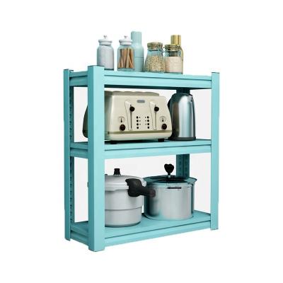 China Multifunctional Space Saving Home Furniture Kitchen Storage Rack Floor 3 Layer Blue Microwave Oven Seasoning Metal Steel Shelf for sale