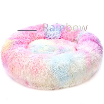 China Small Breathable Cute Soft Faux Fur Calming Plush Pet Beds Washable Around Donut Pet Beds Dog for sale