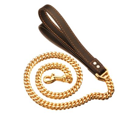 China Menou Pet Cuban Stainless Steel Dog Leash Grip Clip JEWELED Leather Bracelets For Dog Leash 32Mm Gold for sale