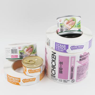 China Waterproof Customized Label Sticker Labeled For Cat Food Cans Pet Food Label Stickers In Rolls for sale