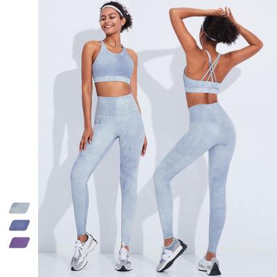 China Breathable Tie Dye Women Gym Fitness Sets Two Piece Workout Exercise Yoga Sets Women Gym Clothing Athletic Sports Gym Sets For Women for sale