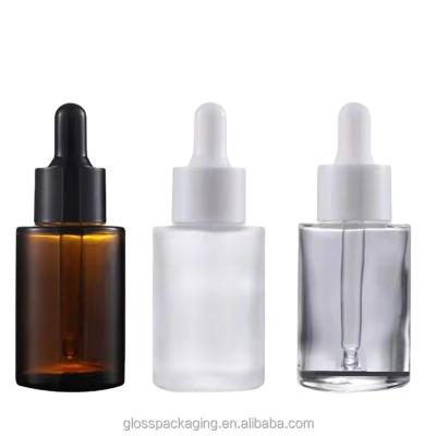 China Cosmetic 15ml 20ml 30ml 50ml 100ml amber flat shoulder frosted cylinder glass dropper cover bottle white cap custom wholesale for sale