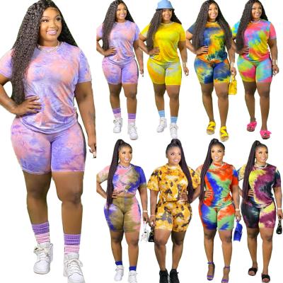 China 2021 summer breathable fashion casual plus size women's clothing tie dye two-piece sports short set 8 color spot for sale